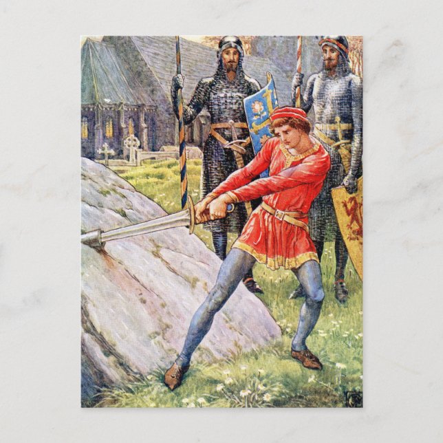 Carte Postale Le roi Arthur tire l'épée de la Pierre (Devant)