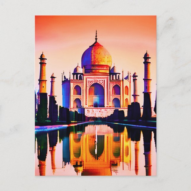 Carte Postale Le Taj Mahal sur un ciel de coucher de soleil  (Devant)