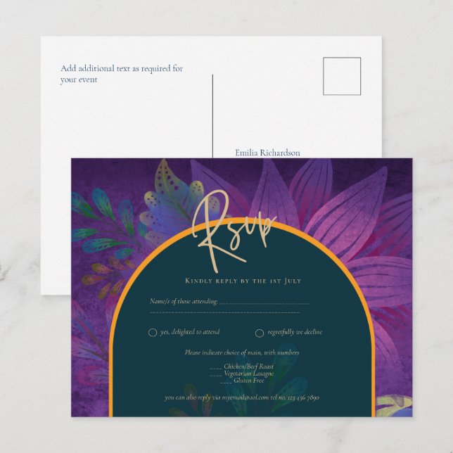 Carte Postale LeahG Green Purple Gold JEWEL TONES Mariage INVITE (Devant / Derrière)