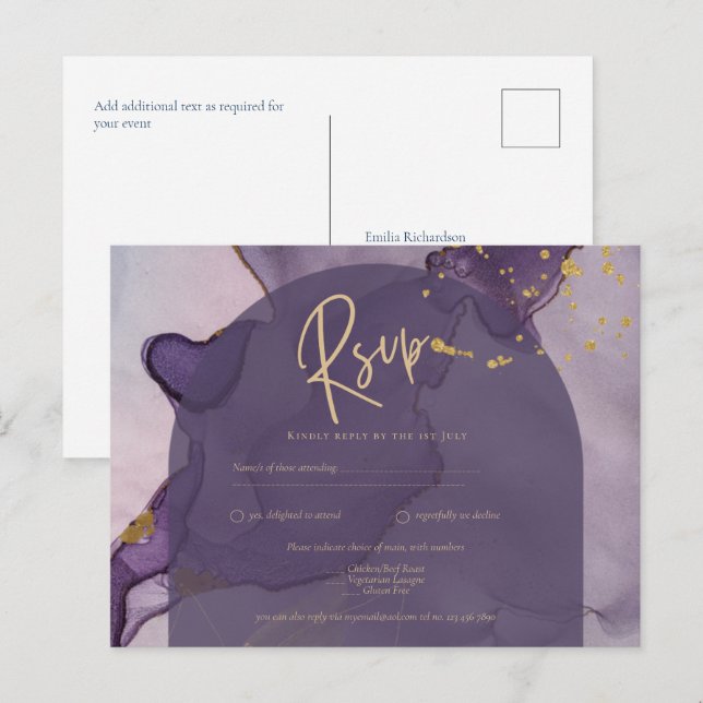 Carte Postale LeahG Ink Ombre violet Lavender Mariage or (Devant / Derrière)
