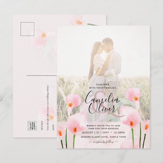 Carte Postale LeahG Rose Calla Lily PHOTO Overlay Mariage Invite (Devant / Derrière)