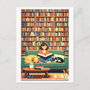 Carte Postale Lecture avec illustration de chat et de chien