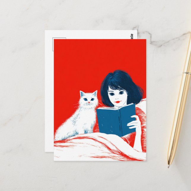 Carte Postale Lecture Avec Mon Chat (Devant/Arrière en situation)