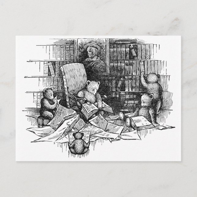 Carte Postale Lecture nounours dans la bibliothèque (Devant)