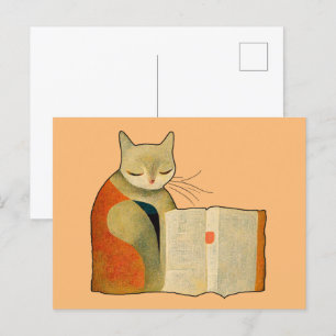 Carte Postale Lecture simple d'un livre par chat