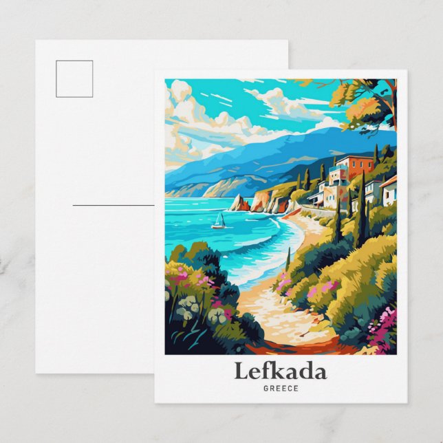 Carte Postale Lefkada Grèce Illustration de portrait de voyage (Devant / Derrière)
