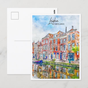 Carte Postale Leiden Pays-Bas Travel Place aquarelle