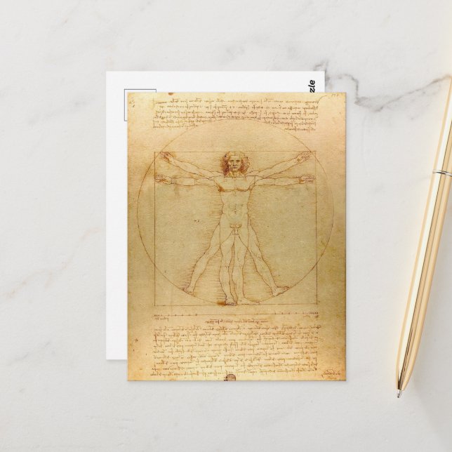 Carte Postale Leonardo Da Vinci, Homme de Vitruve, Nombre d'Or (Devant/Arrière en situation)