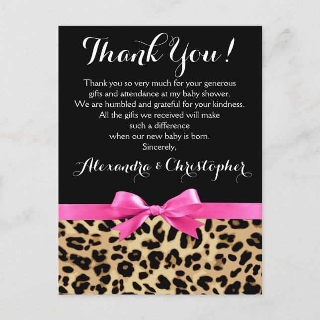 Carte Postale Leopard rose Bow Girl Safari Baby shower Merci (Devant)