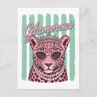 Carte Postale Léopard Rose Glamour avec Couronne et Lunettes de