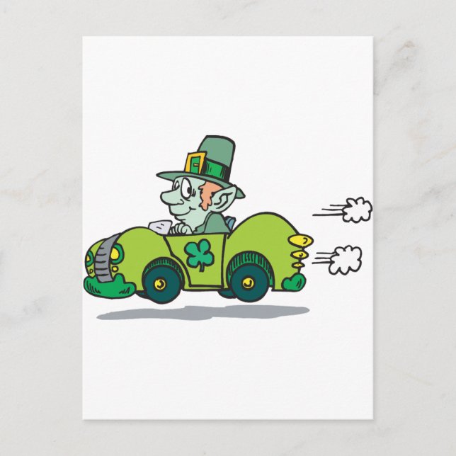 Carte Postale Leprechaun Conduit Une Voiture Verte (Devant)
