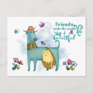 Carte Postale Les amis rendent le monde beau chat chien blanc