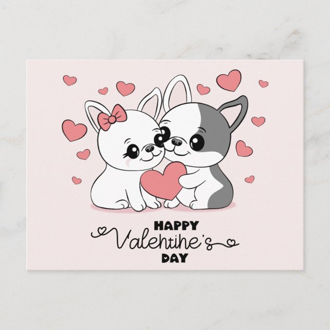Carte Postale Les amoureux du Bulldog Cartoon Coeur Saint-Valent (Devant)