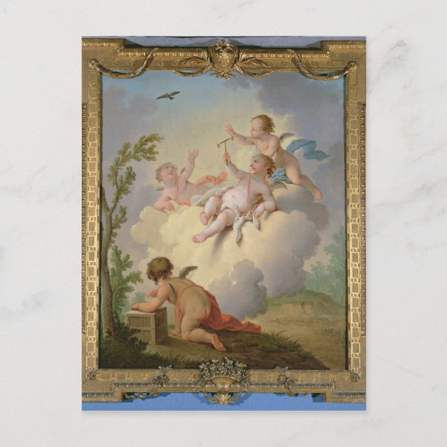 Carte Postale Les anges jouent avec un oiseau dans un paysage (Devant)