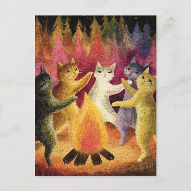 Carte Postale Les chats dansent autour du feu de joie (Devant)