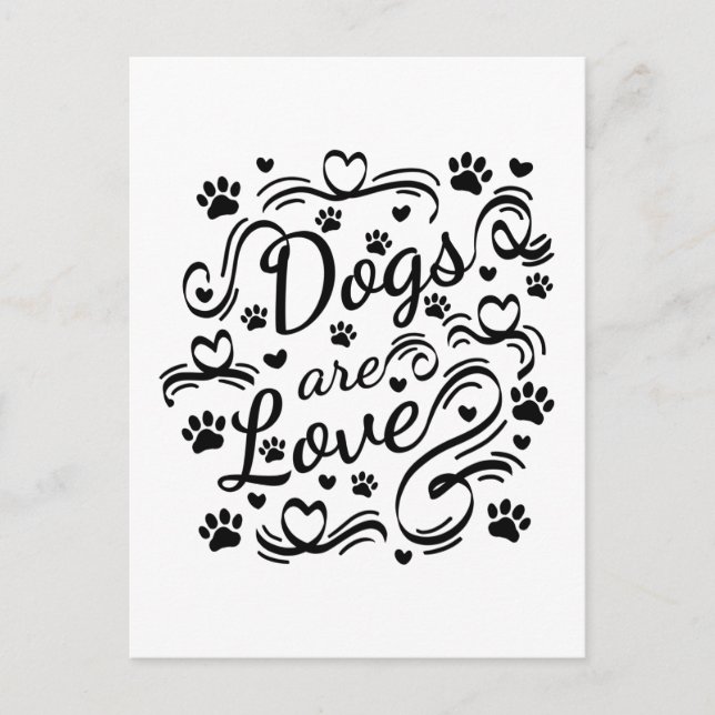 Carte Postale Les Chiens Sont Loin Paw Et Coeurs Typographie (Devant)