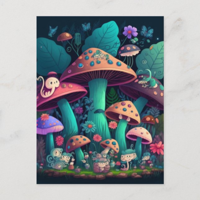 Carte Postale Les elfes de champignons dans le champ (Devant)