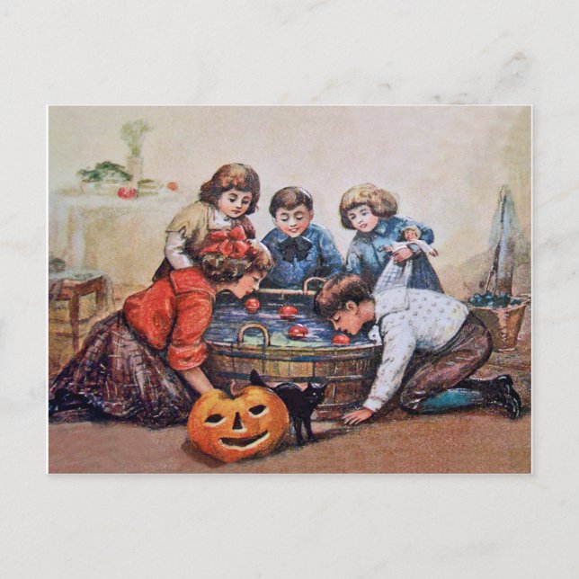 Carte Postale Les enfants bombardent pour des pommes à Halloween (Devant)