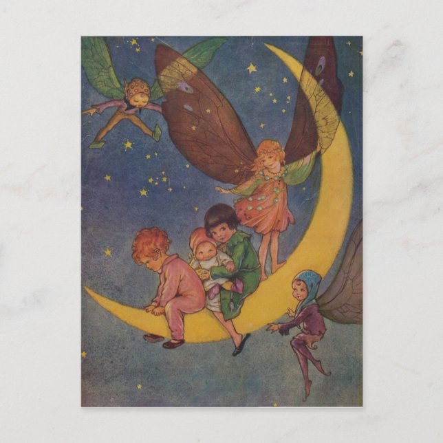 Carte Postale Les enfants et les fées parcourent la lune, (Devant)