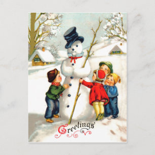 Carte Postale Les enfants font un grand bonhomme de neige, fêtes