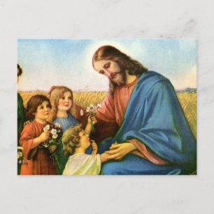 Carte Postale Les enfants vintages apportent des fleurs à Jésus-