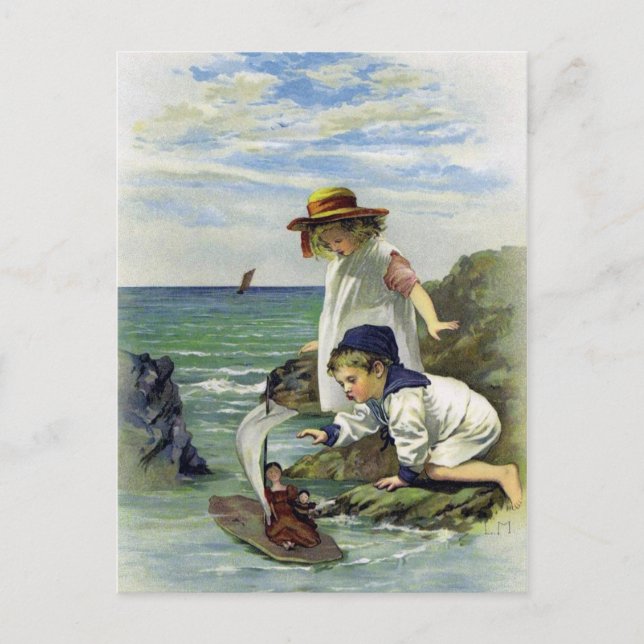 Carte Postale Les enfants vintages mettent la poupée en mer (Devant)