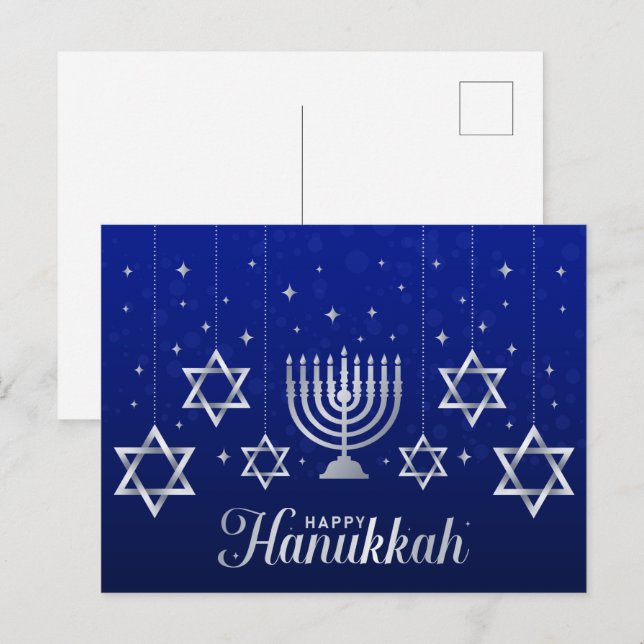 Carte Postale Les étoiles d'argent de David Menorah Happy Hanouk (Devant / Derrière)