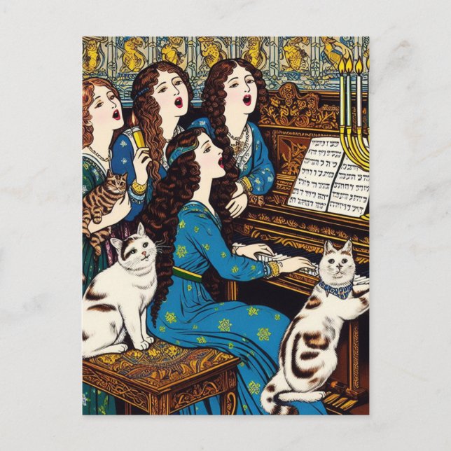 Carte Postale Les femmes et chats Hanoukah chantent autour du pi (Devant)