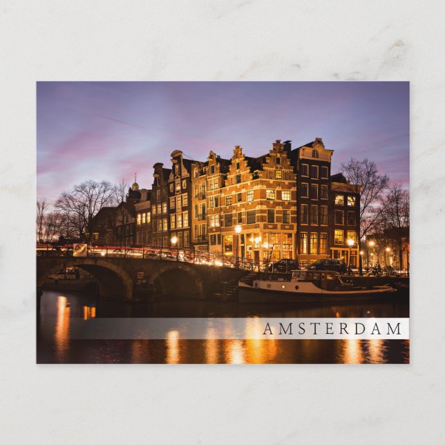Carte Postale Les maisons du canal d'Amsterdam au bar de la nuit (Devant)