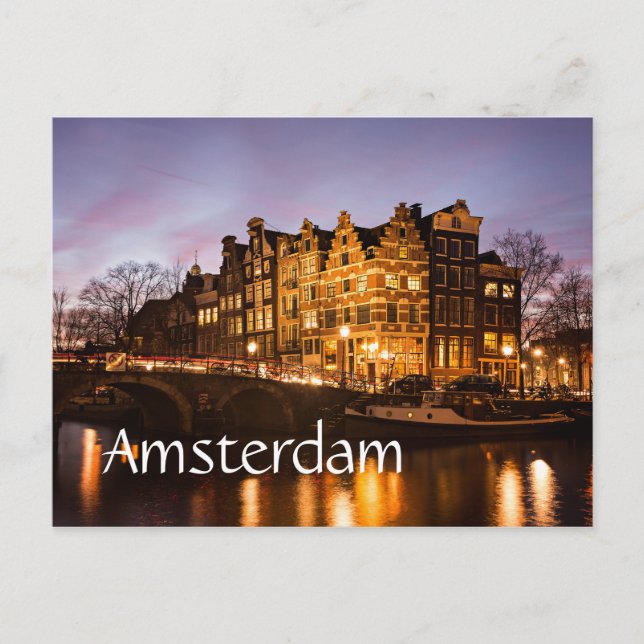 Carte Postale Les maisons du canal d'Amsterdam au crépuscule car (Devant)