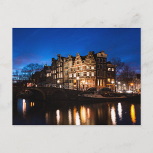 Carte Postale Les maisons du canal d'Amsterdam la nuit