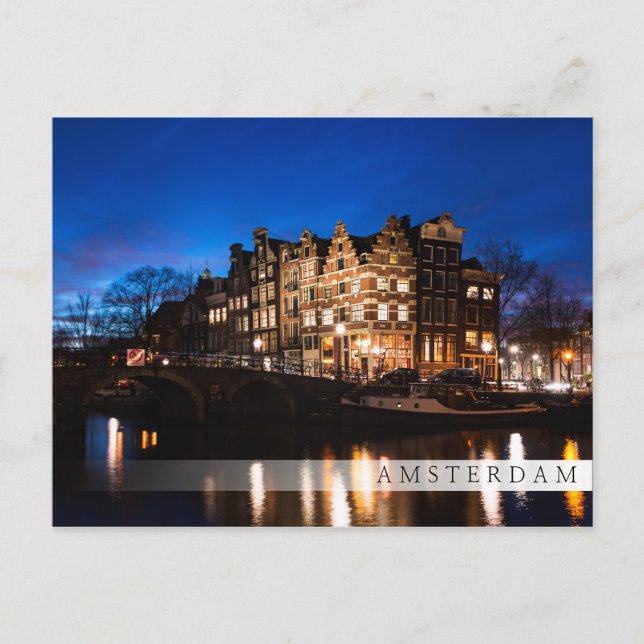 Carte Postale Les maisons du canal d'Amsterdam la nuit (Devant)