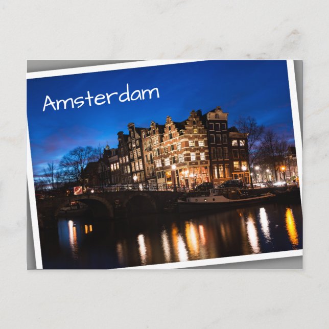 Carte Postale Les maisons du canal d'Amsterdam la nuit (Devant)