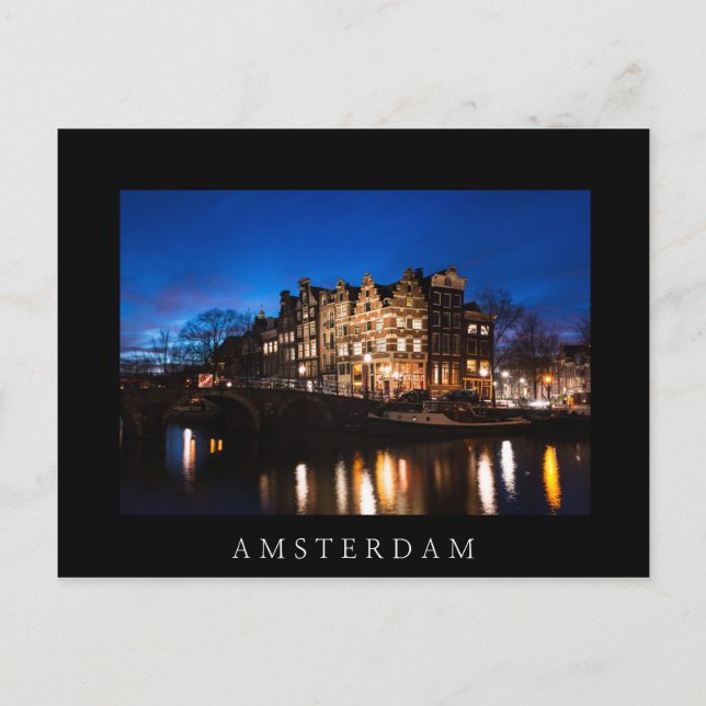 Carte Postale Les maisons du canal d'Amsterdam la nuit (Devant)