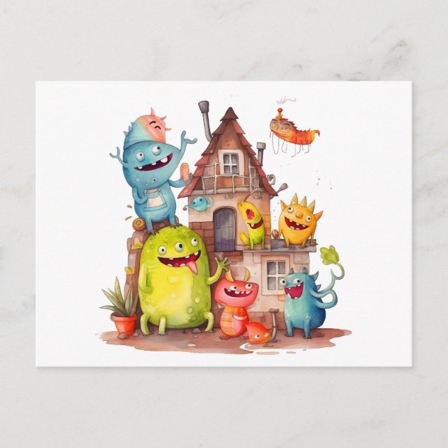 Carte Postale Les petits monstres construisent une maison. Fête  (Devant)