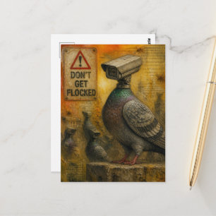 Carte Postale Les pigeons espions avec des panneaux d'avertissem