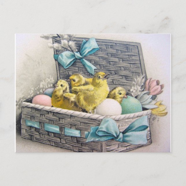 Carte Postale Les poulets en basket with eggs and flowers (Devant)