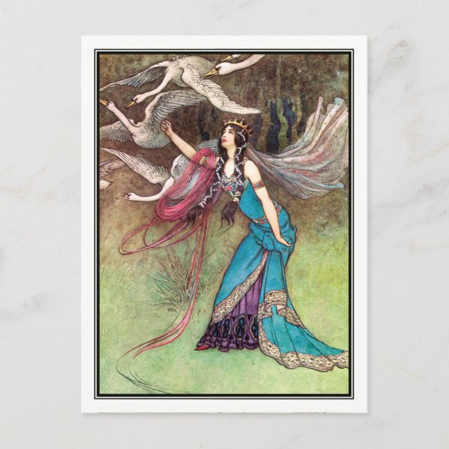 Carte Postale Les six cygnes par Warwick Goble (Devant)
