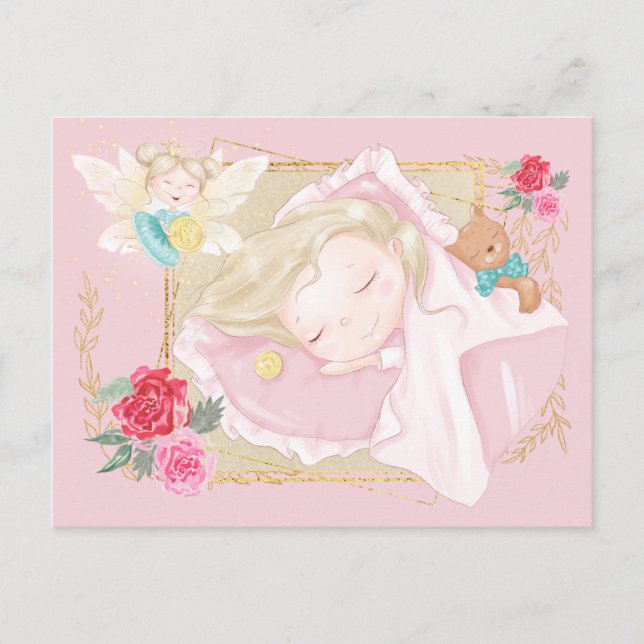 Carte Postale Lettre de fée de dent mignonne fille dormir pièce  (Devant)