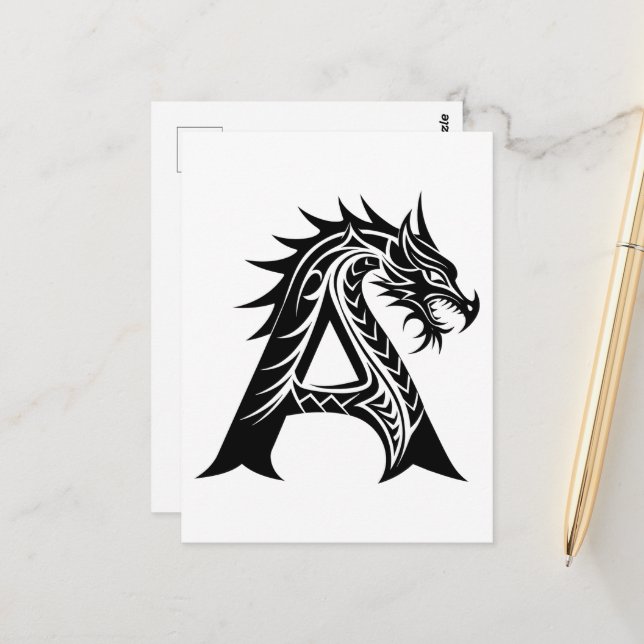 Carte Postale Lettre de style dragon A, Alphabet de dragon, Mono (Devant/Arrière en situation)