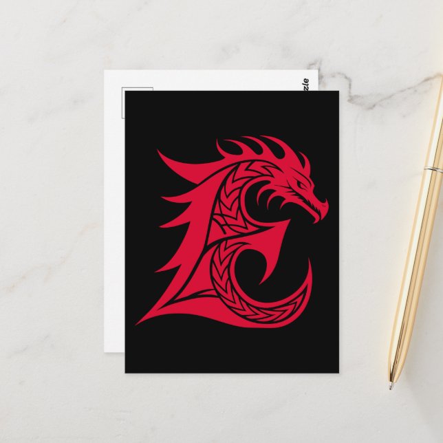 Carte Postale Lettre E de style dragon, alphabet du dragon, mono (Devant/Arrière en situation)