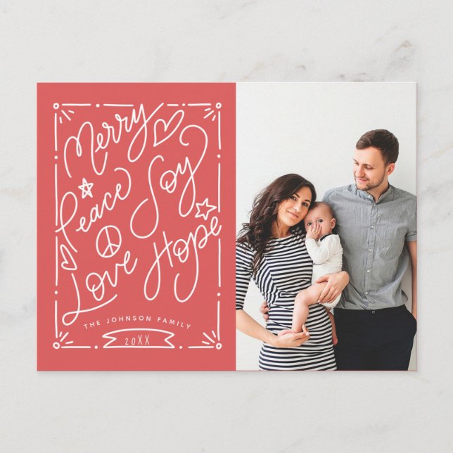 Carte Postale Lettre main Joyeux Paix Joy Love Hope Red Photo (Devant)