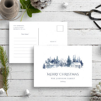Carte Postale Lettre Père Noël Village de Noël bleu