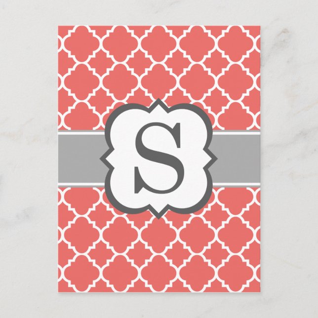 Carte Postale Lettre S Monogramme Blanche Corail Quatrefeuilles (Devant)