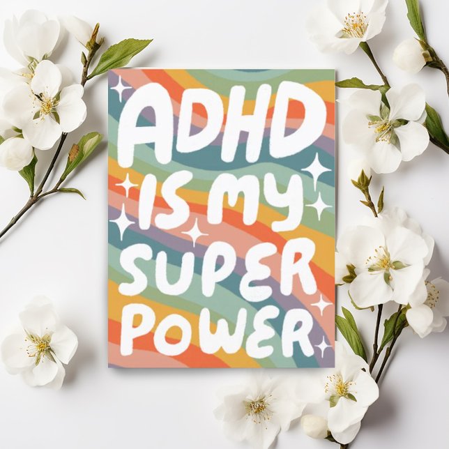 Carte Postale Lettres bulles ADHD Super Power Fun sur mesure (Cute handmade handlettering ADHD superpower uplifting postcard with rainbow colors)