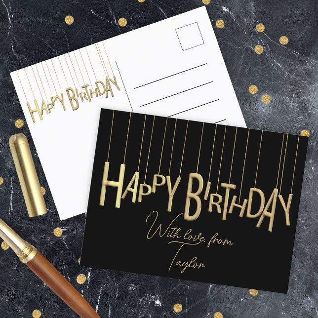 Carte Postale Lettres Suspendues en Or sur Fond Noir Joyeux Anni (Créateur téléchargé)