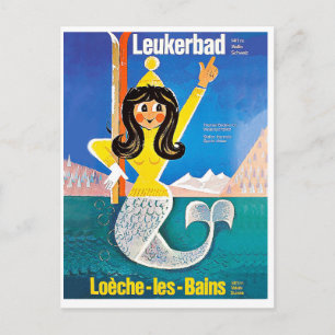 Carte Postale Leukerbad, Suisse, sirène avec équipement de ski