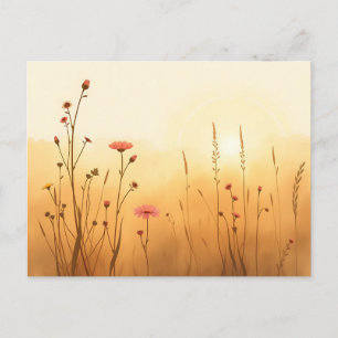 Carte Postale Lever de soleil doré atténué avec des fleurs sauva