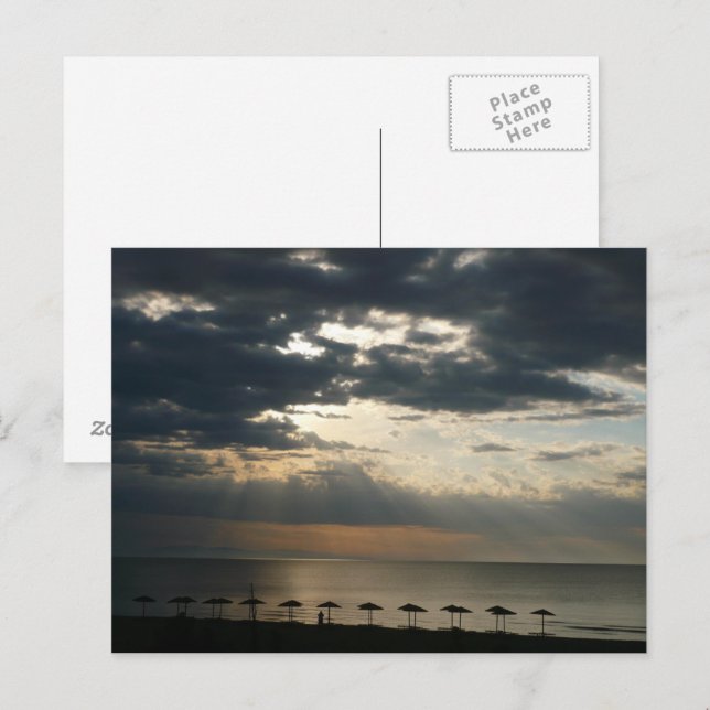 Carte Postale Lever de soleil sur la plage en Grèce Pittoresque  (Devant / Derrière)
