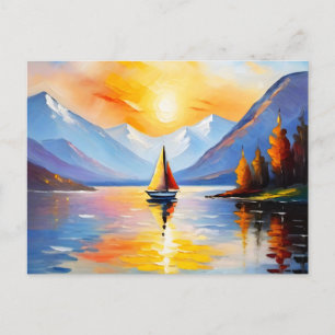 Carte Postale Lever de soleil sur un lac et des montagnes enneig